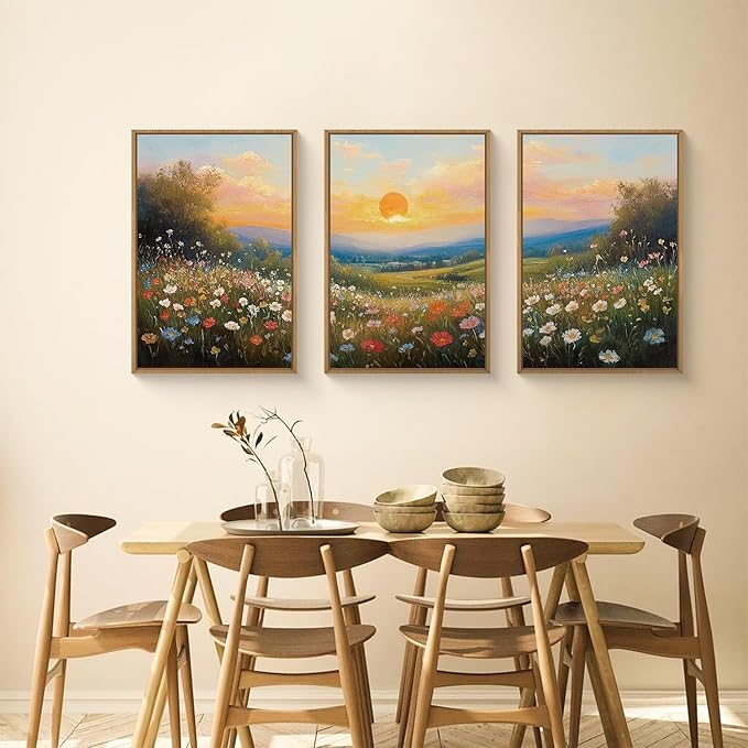 HOURIA Boho Sunrise Wildflower Framed Canvas Wall Art Set,Watercolour Nature Inspired Landscape Wall Decor,Colorful Floral Scenery Artwork,Modern Art Prints for Living Room,Bedroom,Farmhouse-16"x24"x3