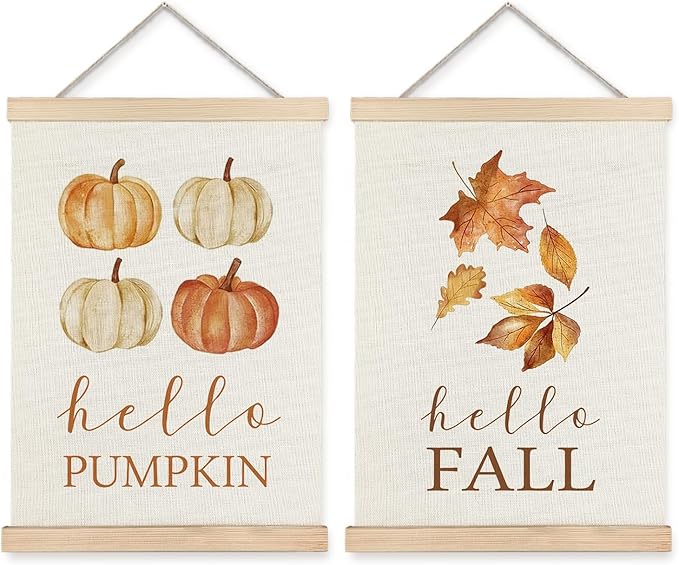 Supwhd Hello Pumpkin Fall Leaf Wall Art with Wooden Poster Hanger, Fall Wall Decor, Fall Posters, Farmhouse Fall Autumn Harvest Thanksgiving Wall Art Decor, Fall Home Decor, 12x16 Set of 2