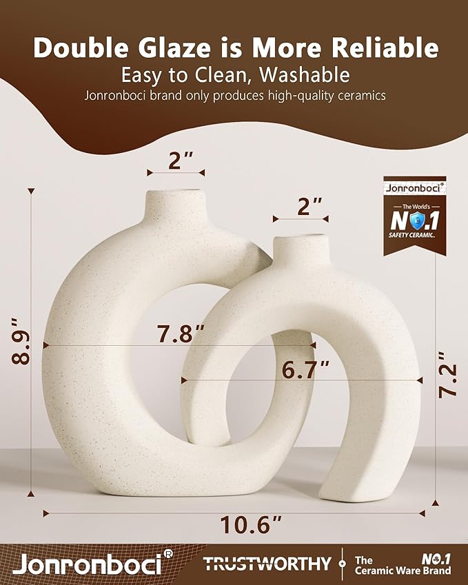 Beige Donut Vases for Decor, Set of 2 Modern Boho Decorative Ceramic Vase 7.2”x 8.9”H - Dining & Coffee Table Centerpiece - Bookshelf Entryway Console Fireplace Mantle Decorations (Matte Cream White)