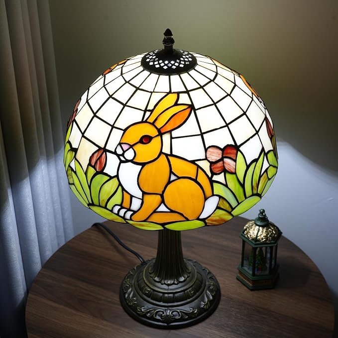 Uniquel Cute Brown Rabbit Tiffany Lamp Retro Style Stained Glass Table Lamp Vintage Aesthetic Bedside Lamps for Bedroom Nightstand Night Stand Lighting Reading Unusual Kids Decor Desk Lamp 12 Inch