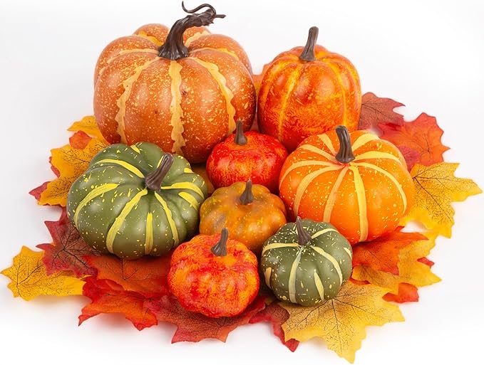 DomeStar 38PCS Fake Pumpkin Set, 8PCS Pumpkins for Decorating with 30PCS Maple Leaves Fall Harvest Decorations for Home, Thanksgiving Table Centerpieces and Halloween Decor