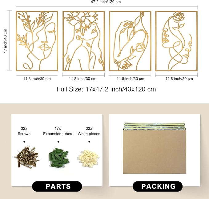 Glamativity 4 Pack Gold Wall Art Decor, Female Flower Face Lover Minimalist Décor Single Line Art Wall Décor, Real Metal Wall Art, Woman's Body Shape Abstract Wall Art, for Kitchen Bedroom Living Room (Gold Floral Lady Style, M Size 17 x 11.8'')