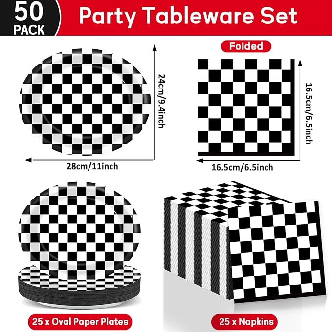 Racing Car Party Oval Paper Plates 11inch Black & White Checkered Flag Plates and Napkins, Dish Tray for Race Fans Birthday Party Supplies Dirt Bike Holiday BBQ Picnic Baby Shower Tableware, 25 Guest