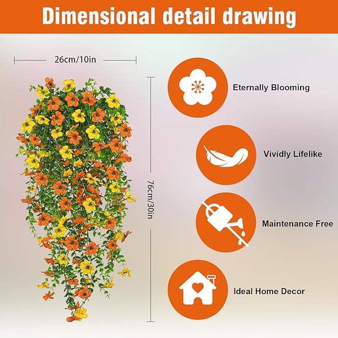 4 Pcs Fall Artificial Hanging Flowers for Outdoors,Fake Hanging Plants,Artificial Mums for Outdoors,Fall Decorations for Home,Outdoor Fall Decor(Orange&Yellow)
