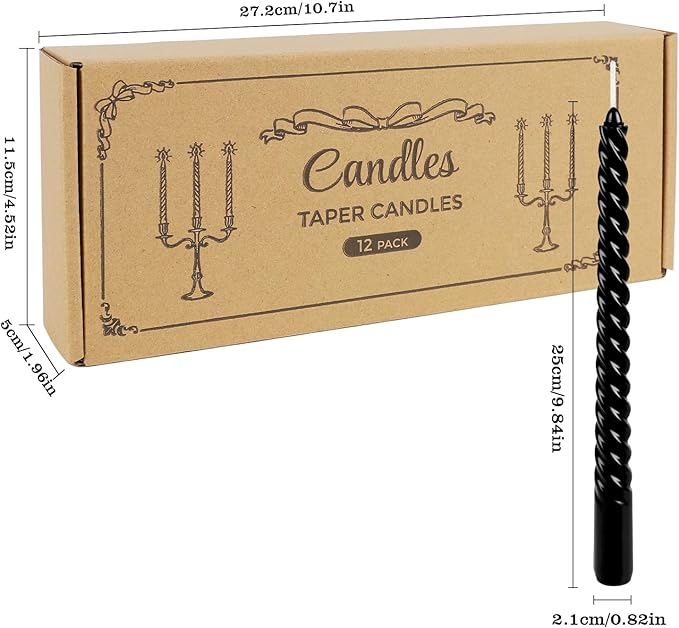 12-Pack 10' Tall Black Spiral Taper Candle Set - Dripless, Smokeless for Halloween&Christmas, Unscented Candlesticks, Dripelss Tapered Candles for Table Rituals,Memorial Prayer Wiccan Rituals.