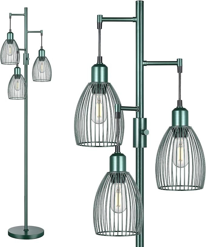 Dimmable Industrial Floor Lamps for Living Room, Green Tree Standing Tall Lamps with 3 Elegant Teardrop Cage Head & 800 Lumens LED Bulbs for Bedroom Office