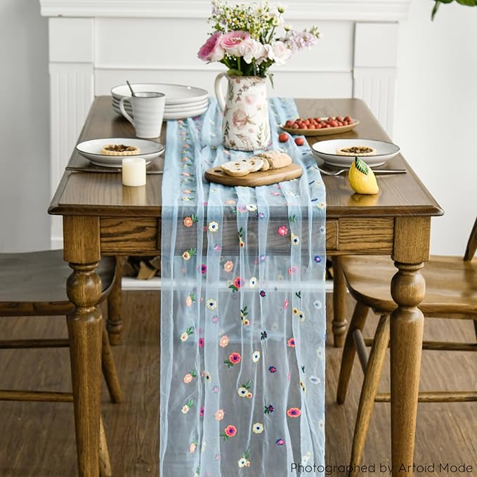 Artoid Mode Blue Embroidery Daisy Gauze Table Runner 120 Inch 10FT, Seasonal Sheer Kitchen Dining Holiday Wedding Birthday Table Decor for Home Party