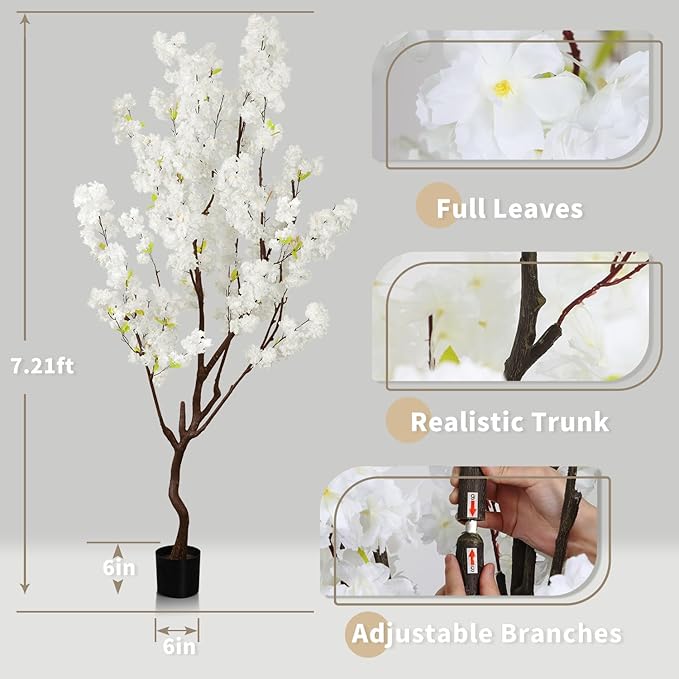 Faux White Cherry Blossom Tree 7ft(84in) Artificial Silk White Flower Tree Lifelike Large Fake Floral Tree for Wedding Realistic Elegant Cherry Sakura Plant in Pot for Home,Living Room,Office Decor