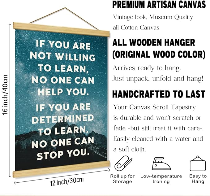 Inspirational Canvas Poster, If You Don't Want To Learn, Canvas Poster Wood Hanger, Motivational Home Office Decorate, Classroom Decor, Positive Mindset Canvases Banner, Farmhouse Hanging Decor