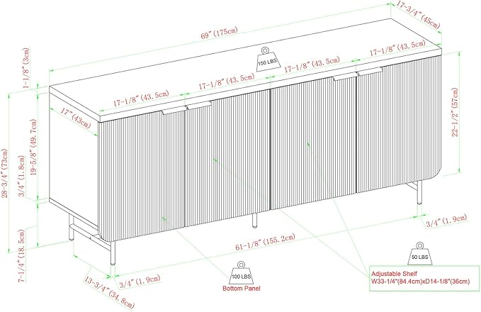 Walker Edison Reema Fluted 4-Door Kitchen Sideboard Buffet Console, 69 Inch, Gold,Dark Walnut