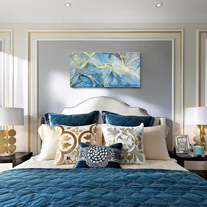 Canvas Wall Art Abstract Seascape Painting Blue Ocean Beach Theme Print Black and Yellow Fluid Texture Coastal Picture Sea Wave Natural Landscape Modern Artwork for Home Bedroom 20x40inch