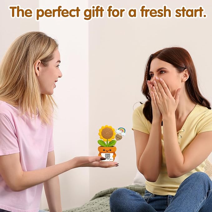 Crochet Sunflower Housewarming Gift – Good Vibes Only in Your New Place – Positive Affirmation Plush for Friend, Coworker, Roommate, New Home or Office Decor