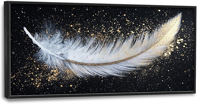 Flintis Large Feather Framed Wall Art White and Gold Feather Pictures Wall Decor Abstract Modern Canvas Painting Print Artworks Decor Framed for Living Room Bathroom Master Bedroom 60L X 30W