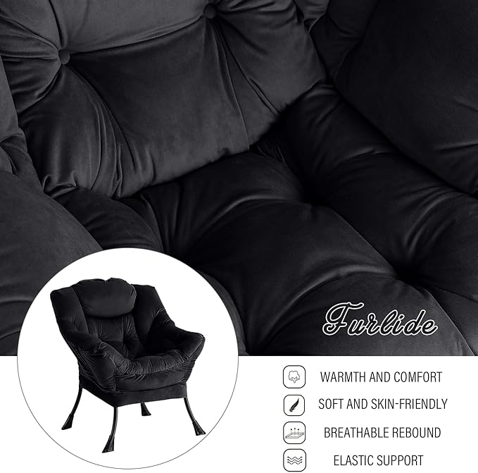 Lazy Chair with Ottoman, Modern Chair with Folding Footrest, Lounge Accent Chair, Comfortable Reading Chair, Oversized Armchairs for Bedroom, Study, Living Room, Courtyard (Velvet Black)
