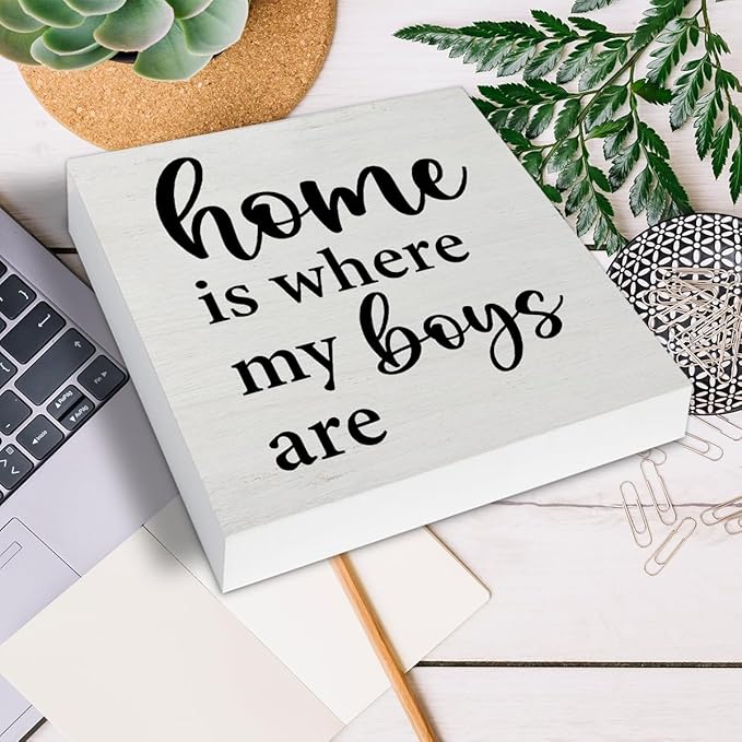 Home Is Where My Boys Are Wood Sign Family Quote Mom Gift Wooden Sign Decoration Home Living Room Bedroom Desk Shelf Table Decor 5 X 5 Inch