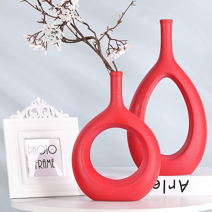 Red Ceramic Hollow Elliptical Vase Set of 2 - Boho Circle Vase with Hole, for Modern Red Table Decor, Living Room Decor Shelf mid Century Modern Home Entrance Decorative vase