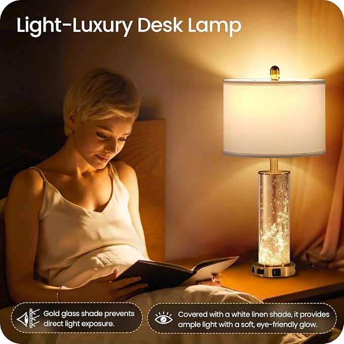 25.6" Gold Table Lamps Set of 2, Tall Bedside Lamps with Nightlight, Modern Nightstand Lamp with USB Ports, Desk Lamp for Bedroom, Living Room, Office, LED Bulbs Included W01TL05