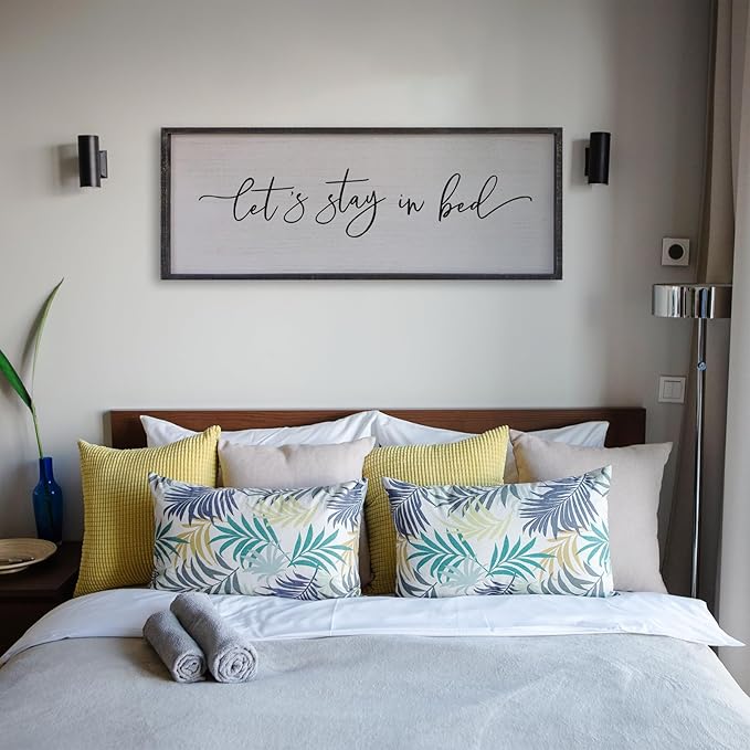 Surfapans Lets Stay In Bed Wall Decor 40”X15” Large Farmhouse Master Room Above Bed Soild Wood Framed Rustic Guest Room Sign Beautiful And Simple Plaque Over Bed Hanging Wall Art Decoration (Black)