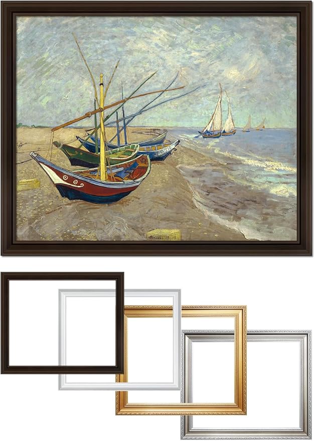 DECORARTS - Boats At Saintes Maire, Vincent Van Gogh Art Reproduction. Giclee Print w/Bronze Frame&Mat for Wall Decor. 30x24,