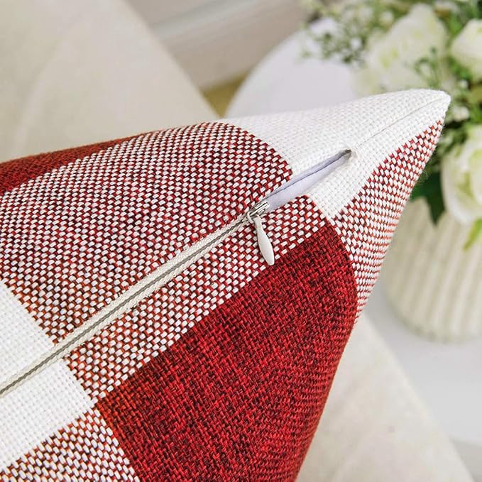 MIULEE Pack of 2 Christmas Classic Farmhouse Buffalo Check Plaids Linen Soft Soild Decorative Square Throw Pillow Covers Home Decor Cushion Case for Sofa Bedroom 18x18 Inch, White and Red