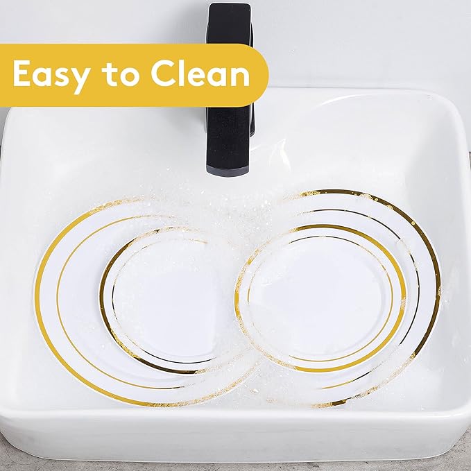 Goodluck 200PCS Gold Plastic Plates, Heavy Duty Disposable Gold Plates with 100 10.25 inch Dinner Plates and 100 7.5 inch Dessert Plates for Party, Holiday, Wedding, Thanksgiving