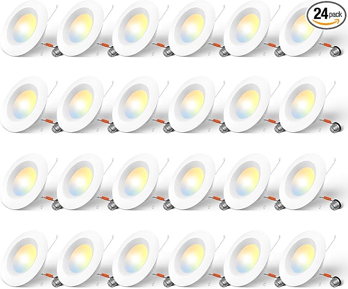 Amico 24 Pack 5/6 inch 5CCT LED Recessed Lighting, Dimmable, 12.5W=100W, 950LM, 2700K/3000K/4000K/5000K/6000K Selectable, Retrofit Can Lights with Baffle Trim, IC Rated - ETL & FCC, White