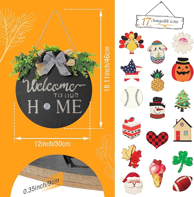MIPON Welcome Sign for Front Door, Wall, or Porch Decor - Interchangeable Seasonal 17 Changeable Icons for All Seasons & Holidays (Spring, Summer, Fall, Winter, Easter, Christmas) - Black