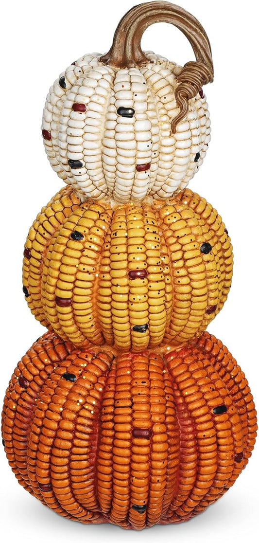 Briful Fall Stacked Corn Pumpkin Decoration – 10.6" Tall Resin Pumpkins Rustic Harvest Faux Pumpkin Decor for Thanksgiving Tabletop Centerpiece Outdoor Indoor Autumn Decor