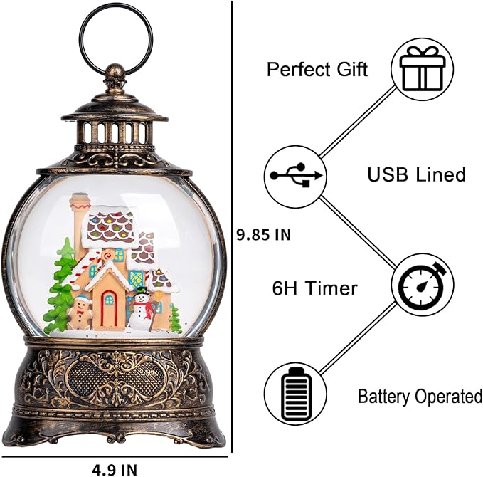 Christmas Snow Globe Lighted Gingerbread House Scene, Musical Snow Water Lantern Swirling Glittering Home Decoration and Gift, Battery Operated or USB Powered