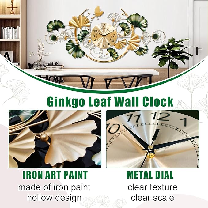 Big Wall Clock, Unique Ginkgo Leaf Decorative Wall Clocks, Luxury Metal Gold Flower Wall Decor, Silent Non-Ticking Oversized Clock for Wall, for Living Room Bedroom Kitchen Office(39.4X19.7In)
