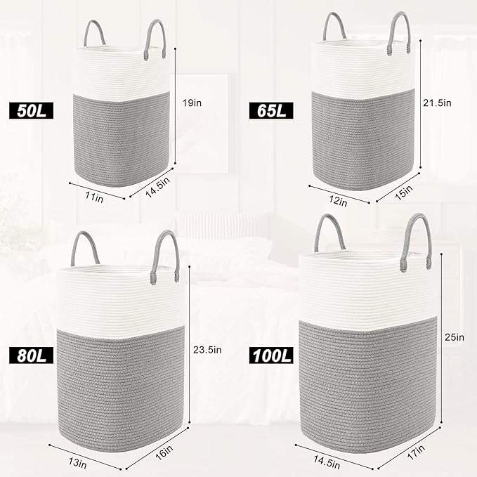 Woven Laundry Basket for Clothes, 50L Large Rectangle Laundry Hampers with Beads Tassel, Nursery Storage Basket for Toys, Tall Dirty Clothes Hamper for Bedroom Aesthetic, Laundry Room Organization