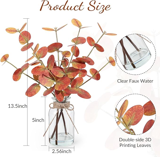 Fall Artificial Eucalyptus Stems in Glass Vase with Faux Water 14" Autumn Eucalyptus Branches Fall Home Table Decor Fake Fall Plants Stems for Farmhouse Kitchen Bathroom Decorations