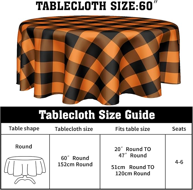Halloween Tablecloth Round 60 Inch Black Orange Buffalo Plaid Round Table Cloth Autumn Thanksgiving Plaid Table Cloth Fall Autumn Table Covers for Kitchen Dining Room Holiday Party Picnic Decorations
