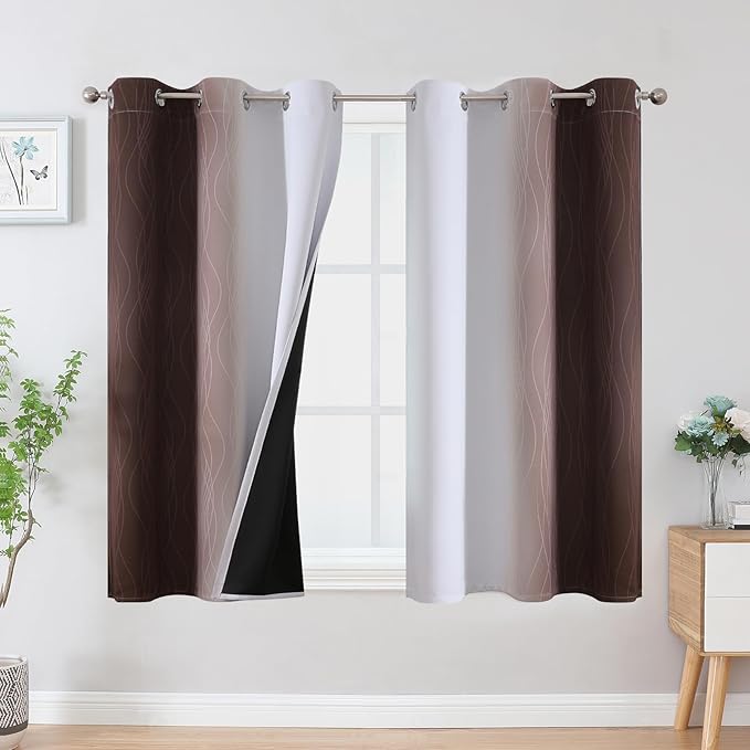 Estelar Textiler Brown and Greyish White Ombre Blackout Curtains 54 Inch Length 2 Panels, Full Room Darkening Gradient Drapes for Kitchen, Thermal Insulated Grommet Short Curtains for Bedroom,42Wx54L