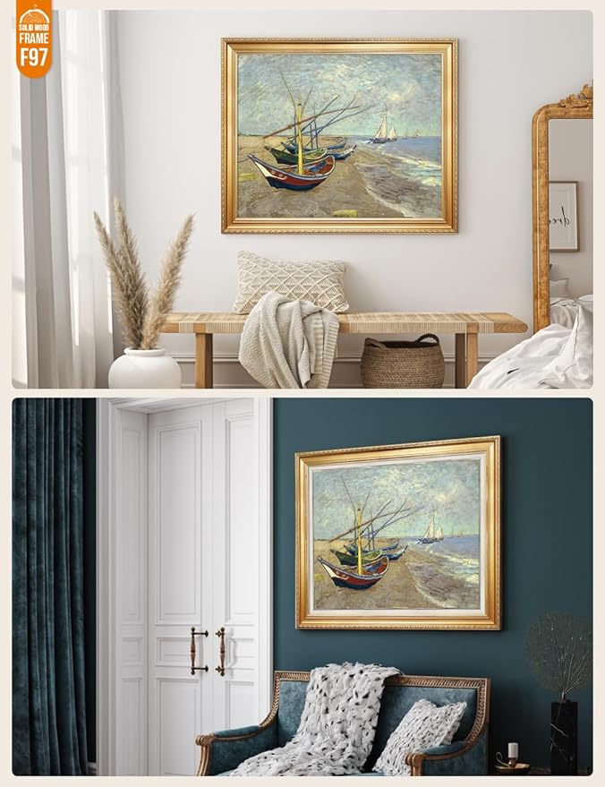 DECORARTS - Boats At Saintes Maire, Vincent Van Gogh Art Reproduction. Giclee Print w/Bronze Frame&Mat for Wall Decor. 30x24,