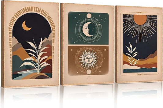 KAIRNE Boho Desert Botanical Framed Canvas Wall Art Set of 3, Bohemian Sun Moon Wall Painting, Mid Century Tropical Leaves Wall Decor, Retro Southwestern Art Print for Living Room, Bedroom 16" x 24"