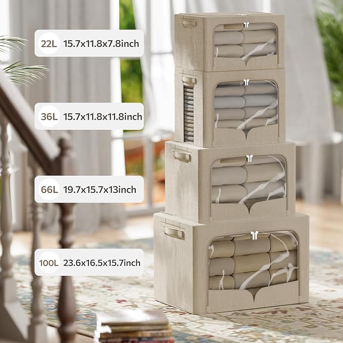 3 Pack Clothes Storage Bins Foldable Metal Frame Storage Box Stackable Linen Fabric Organizer Set with Carrying Handles and Clear Window (Beige, 15.7x11.8x11.8inch(36L))
