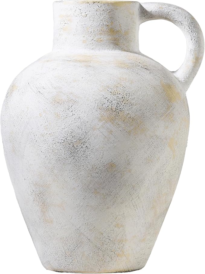 9 in Rustic Ceramic Farmhouse Vase with 1 Handle,Glazed Beige and Yellow Vintage Pottery Jar with Black Distressed Eroded Texture Finish,Boho for Home Decor,Tabletop,Mantel,or Living Room