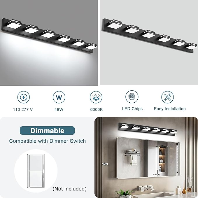 LED Modern Bathroom Vanity Light Fixtures, 6-Light 40-inch Dimmable Matte Black Vanity Lights for Bathroom Lighting Fixtures Over Mirror, with 350° Rotatable Acrylic Heads (Cool White 6000K)