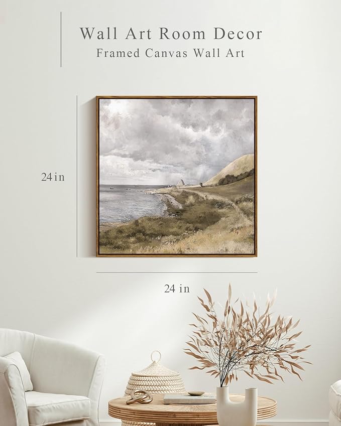InSimSea Square Framed Canvas Wall Art, Large Decor Danish Coastal Landscape Paintings, Seaside Scenery Wall Pictures for Bedroom Bathroom Living Room, Canvas Prints Vintage Decor 24"x24"
