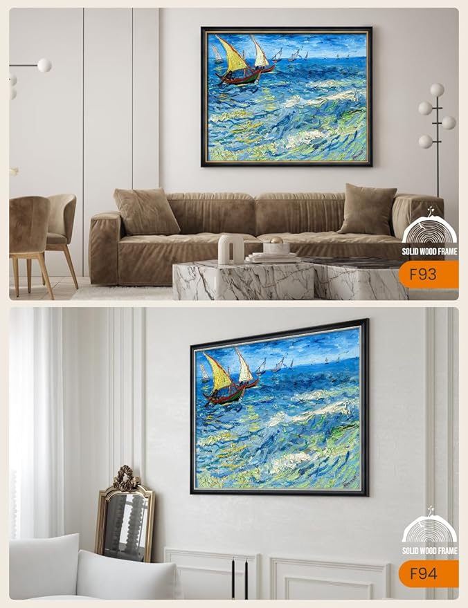 DECORARTS - Fishing Boats at Sea by Vincent Van Gogh, Large Giclee Canvas Print with Solid Wood Frame, Oversized Wall Art Decor