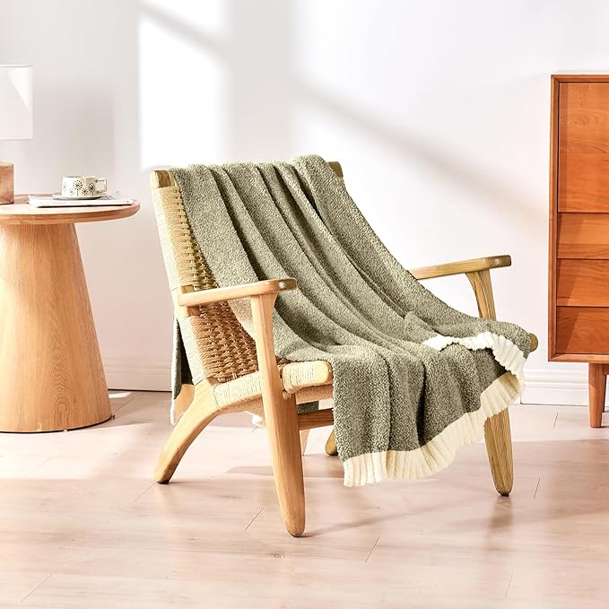 CozeCube Melange Blanket, Ultra Soft Olive Green and White Throw Blanket, Warm Cozy Knit Fuzzy Plush Reversible Throw for Couch Bed Sofa, 60"x80"