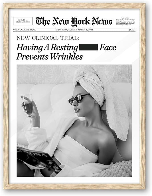 iHery Having A Resting Bitch Face Prevents Wrinkles Newspaper Headline Framed Wall Art, Natural OAK Wood Trendy 12x16 in Vintage Canvas Print For Bedroom, Wall Décor Living Room Bathroom Set of 1