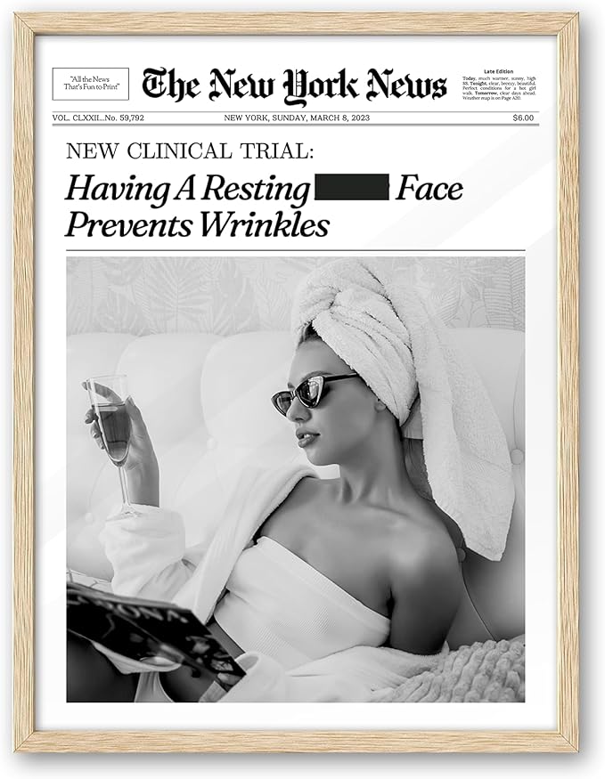 iHery Having A Resting Bitch Face Prevents Wrinkles Newspaper Framed Wall Art, Natural OAK Wood Trendy Large 16x20 in Vintage Canvas Wall Art Decor For Bedroom Living Room Bathroom Set of 1