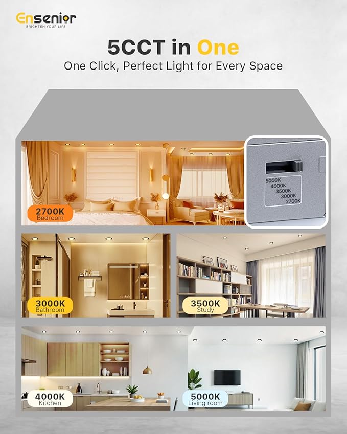 Ensenior 12 Pack 6 Inch LED Recessed Ceiling Light Black, Dimmable, 2700K-5000K 5CCT, 1200LM 12W 120V, High Brightness Canless Wafer Downlight - ETL&FCC&IC