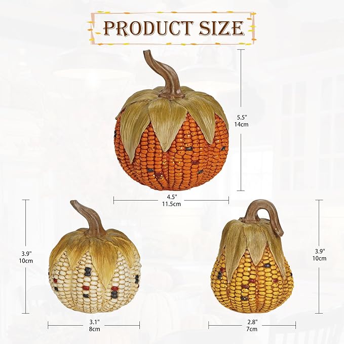 Briful Fall Corn Pumpkin Set 3PCS Resin Pumpkins Harvest Decorative Faux Corn Pumpkins for Home Thanksgiving Table Centerpiece Tray Display Indoor & Outdoor Autumn Decor