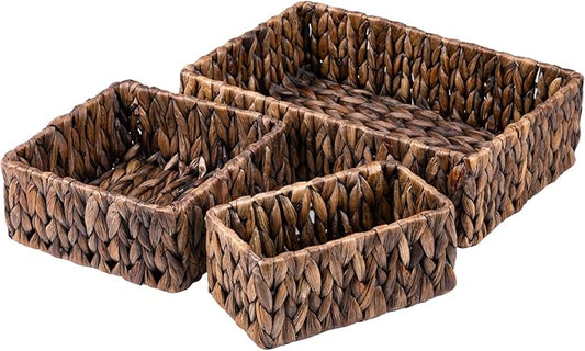 FairyHaus Wicker Baskets for Organizing 3Pack, Large and Small Wicker Storage Baskets Set, Hand Woven Baskets for Storage, Brown Water Hyacinth Storage Baskets for Pantry Shelf