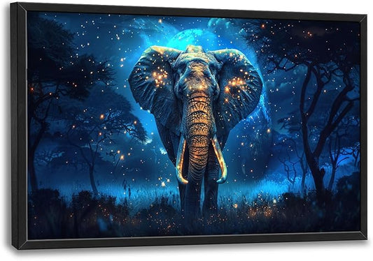 Flintis Large Elephant Wall Art Elephant Moon Wall Decor Abstract Animal Canvas Painting Print Artwork Decoration Framed for Living Room Bathroom Master Bedroom Office Dining Room 36L x 24W