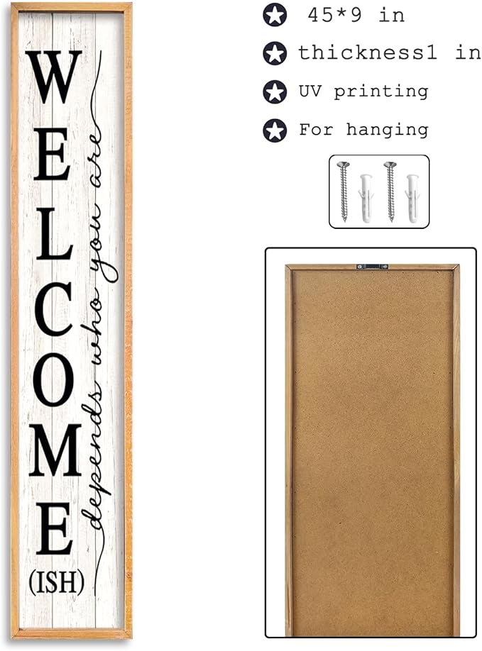 Welcome-ish Sign for Front Porch Standing 45"X9" Large Farmhouse Outdoor Wood Framed Home Vertical Tall Funny Large Welcome Sign For Rustic Modern Outside Front Door Wall Decor (Wood White)