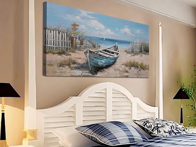 Ardemy Blue Coastal Canvas Wall Art for Living Room Textured Beach Painting Turquoise Teal Bedroom Picture Modern Boat Artwork Framed Home Office Kitchen Wall Decor, Large 48"x24"